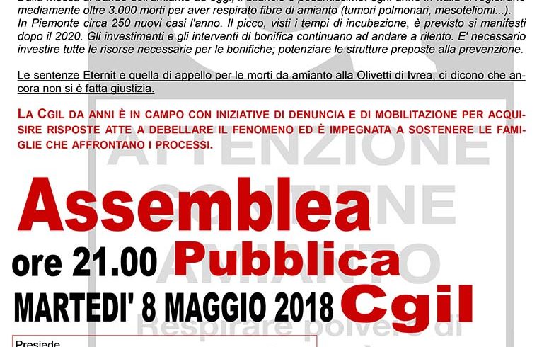 Giustizia per i morti d’amianto: assemblea con Landini martedì 8 maggio a Ivrea Giustizia per i morti d’amianto: assemblea con Landini martedì 8 maggio a Ivrea