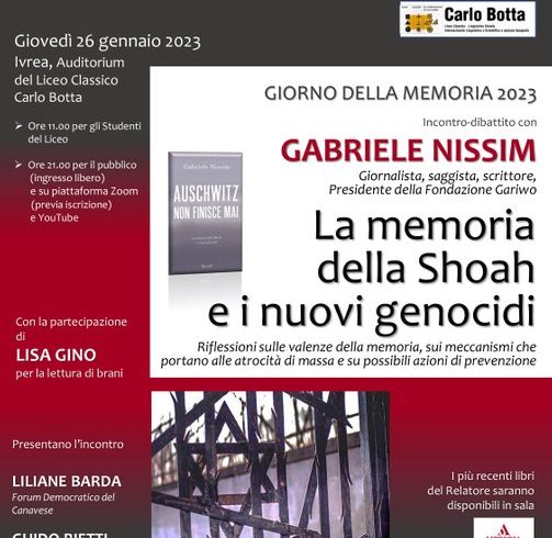 Giorno della Memoria 2023: incontro con Gabriele Nissim giovedì 26 gennaio presso Auditorium del Liceo Botta di Ivrea Giorno della Memoria 2023: incontro con Gabriele Nissim giovedì 26 gennaio presso Auditorium del Liceo Botta di Ivrea